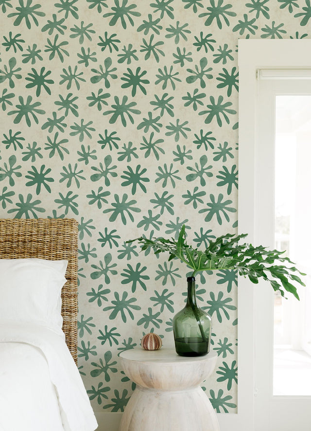 Field of Flowers Green Peel & Stick Wallpaper with Bohemian Botanical Pattern - NuWallpaper AHS4717