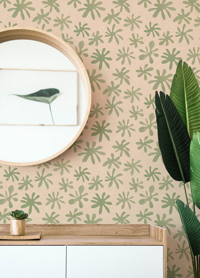 Field of Flowers Blush & Sage Peel & Stick Wallpaper with Bohemian Botanical Floral Pattern - NuWallpaper AHS4718