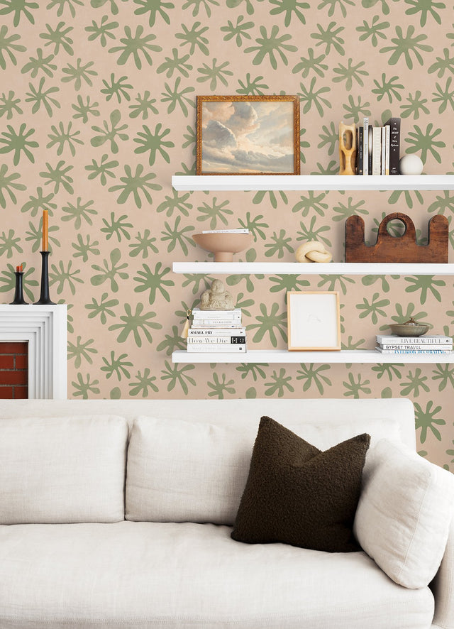 Field of Flowers Blush & Sage Peel & Stick Wallpaper with Bohemian Botanical Floral Pattern - NuWallpaper AHS4718