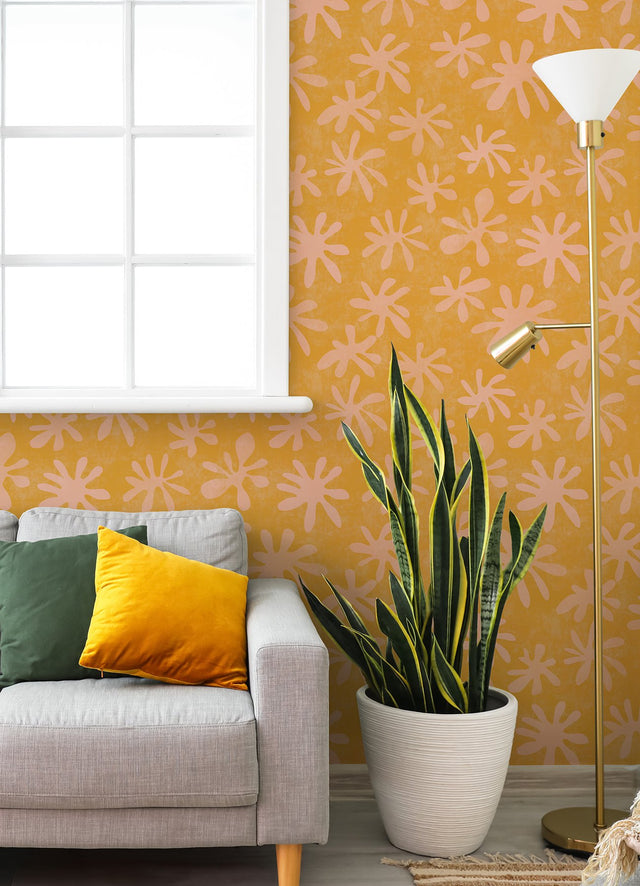 Field of Flowers Orange Peel & Stick Wallpaper with Bohemian Floral Motif - NuWallpaper AHS4720