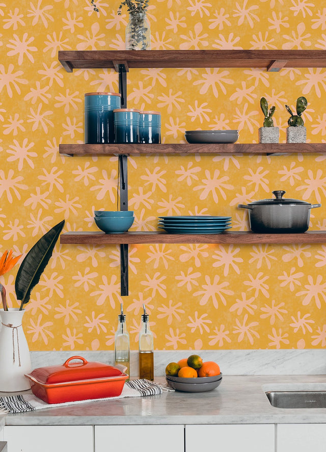 Field of Flowers Orange Peel & Stick Wallpaper with Bohemian Floral Motif - NuWallpaper AHS4720