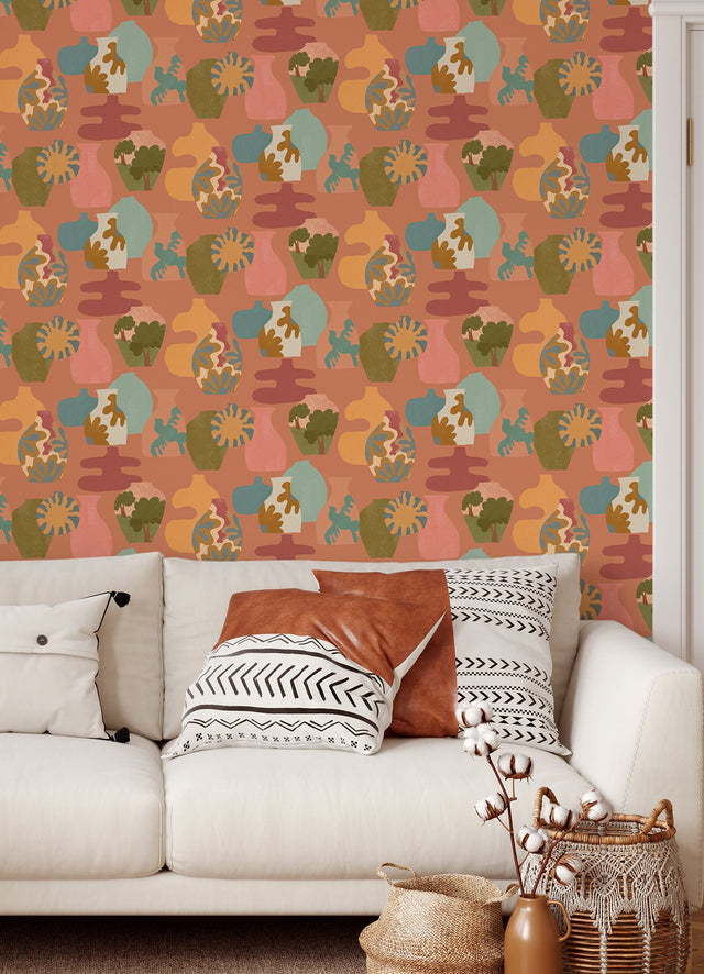 Miracle Vases Terracotta Peel & Stick Wallpaper with Abstract Geometric Vase Motif - NuWallpaper AHS4722