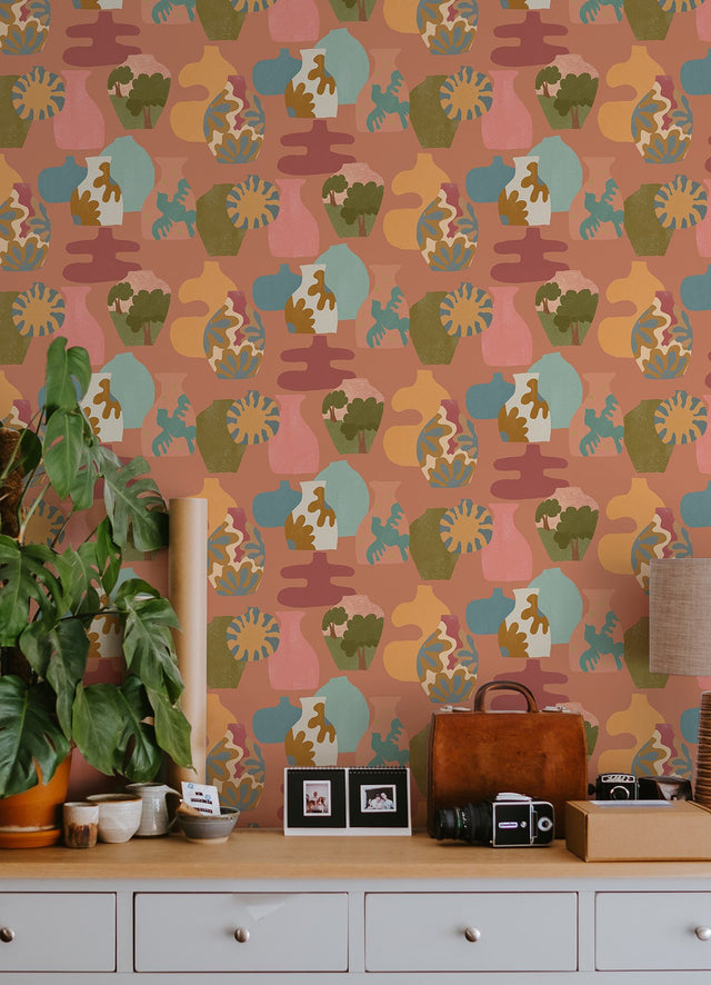 Miracle Vases Terracotta Peel & Stick Wallpaper with Abstract Geometric Vase Motif - NuWallpaper AHS4722