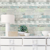Coastal Plank Blue Peel and Stick Wallpaper by InHome WallPops Rustic Weathered Wood Plank Design in Blue and Grey - ARW4227