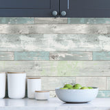 Coastal Plank Blue Peel and Stick Wallpaper by InHome WallPops Rustic Weathered Wood Plank Design in Blue and Grey - ARW4227