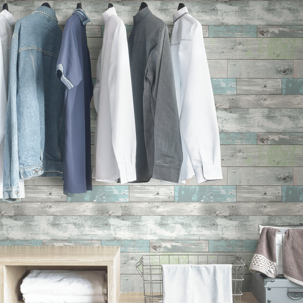 Coastal Plank Blue Peel and Stick Wallpaper by InHome WallPops Rustic Weathered Wood Plank Design in Blue and Grey - ARW4227