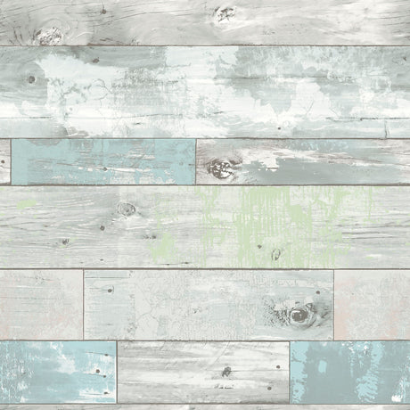 Coastal Plank Blue Peel and Stick Wallpaper by InHome - ARW4227 featuring a rustic weathered wood plank pattern in soft blue and grey tones