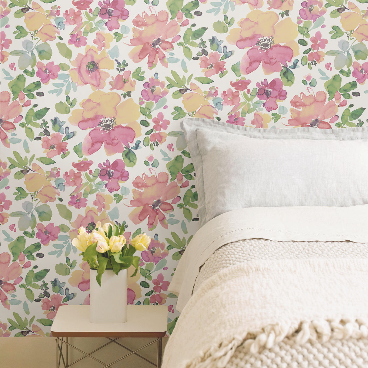 Julep Pink Soft Watercolor Botanical Floral Peel and Stick Wallpaper in Pink, Soft Yellow and Sage Green Shades by InHome WallPops - ARW4243