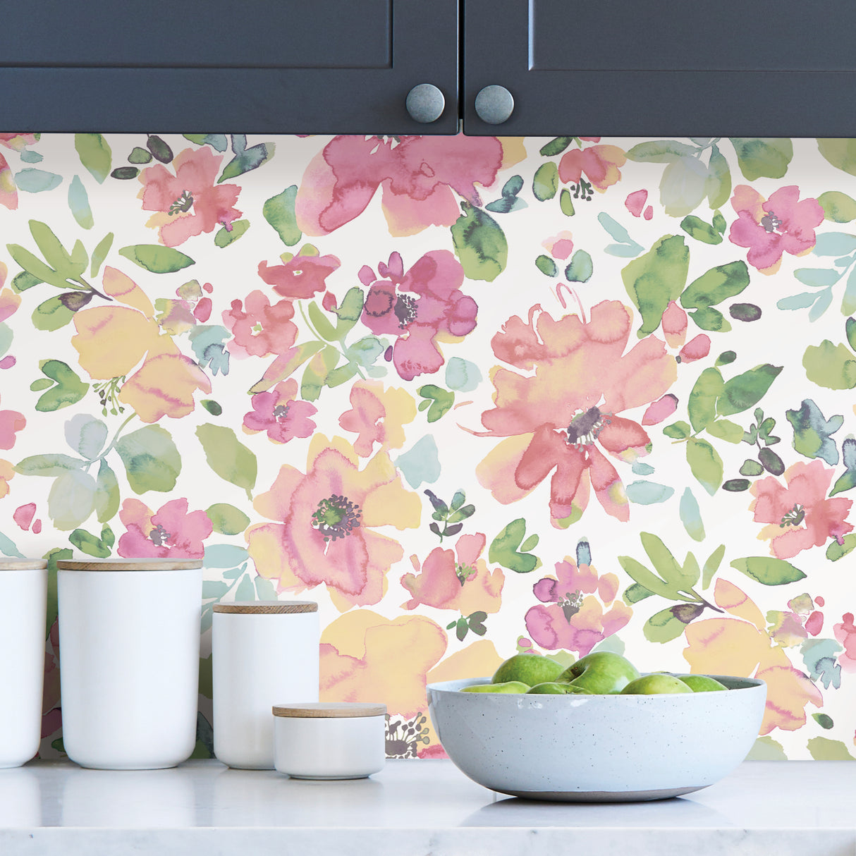 Julep Pink Soft Watercolor Botanical Floral Peel and Stick Wallpaper in Pink, Soft Yellow and Sage Green Shades by InHome WallPops - ARW4243