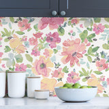 Julep Pink Soft Watercolor Botanical Floral Peel and Stick Wallpaper in Pink, Soft Yellow and Sage Green Shades by InHome WallPops - ARW4243