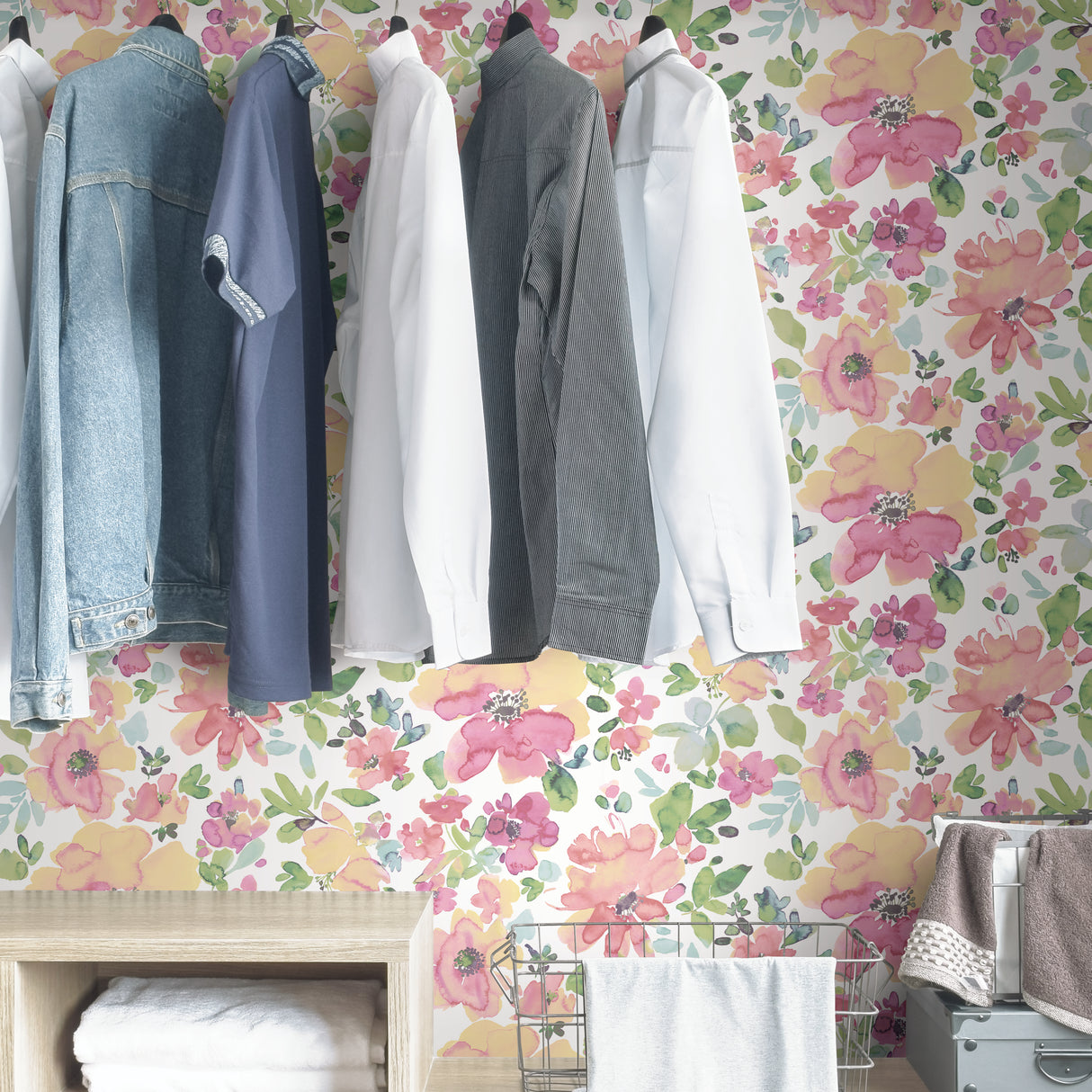 Julep Pink Soft Watercolor Botanical Floral Peel and Stick Wallpaper in Pink, Soft Yellow and Sage Green Shades by InHome WallPops - ARW4243