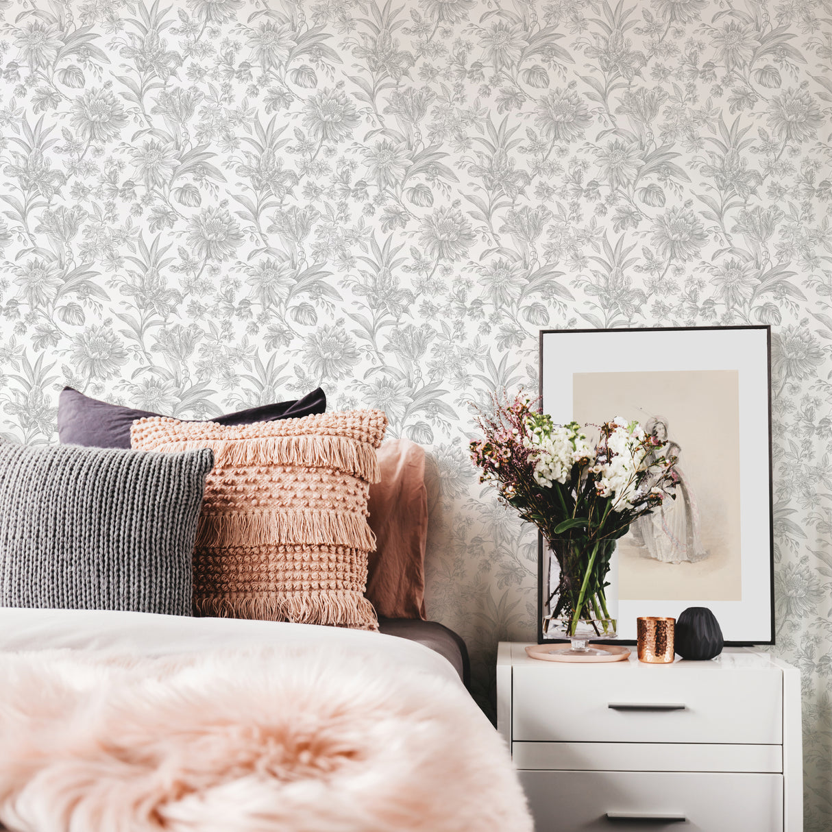 Ellis Silver by InHome Elegant Engraved Botanical Floral Peel and Stick Removable Wallpaper, 20.5 in W x 18 ft L, Covers 30.8 sq ft - ARW4246