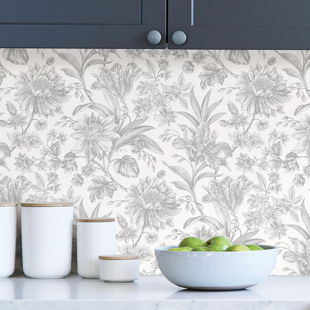 Ellis Silver by InHome Elegant Engraved Botanical Floral Peel and Stick Removable Wallpaper, 20.5 in W x 18 ft L, Covers 30.8 sq ft - ARW4246
