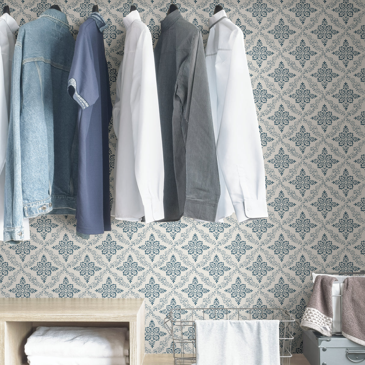 Orleans Blue by InHome Peel and Stick Wallpaper, 20.8 in x 18 ft, Straight Match Pattern, About 31.2 sq ft Coverage - ARW4247