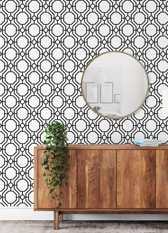 Crawford Black & White Peel & Stick Wallpaper with Geometric Octagon Trellis - InHome ARW4248