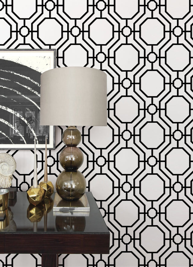 Crawford Black & White Peel & Stick Wallpaper with Geometric Octagon Trellis - InHome ARW4248