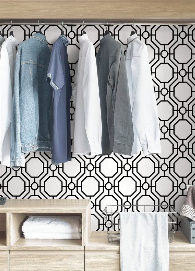 Crawford Black & White Peel & Stick Wallpaper with Geometric Octagon Trellis - InHome ARW4248
