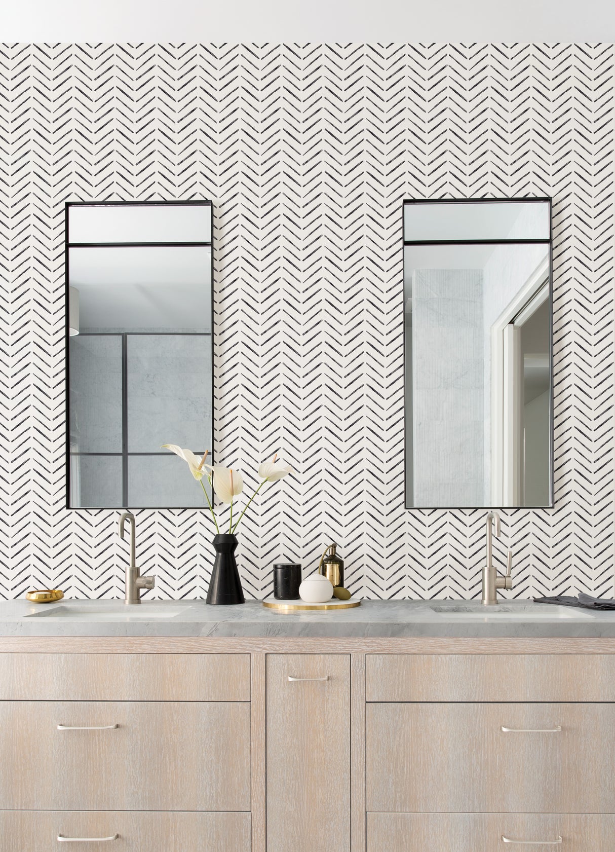 Black Chevron Black and White by InHome WallPops Easy Peel and Stick Removable Geometric Brushstroke Chevron Pattern Wallpaper Roll - ARW6113