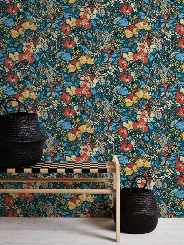 Zetta Blue Floral Riot Wallpaper