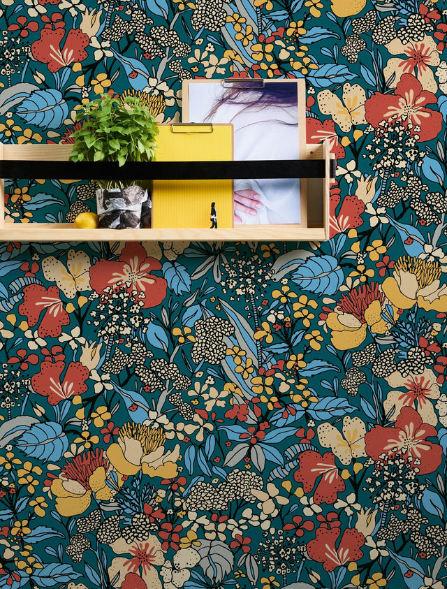 Zetta Blue Floral Riot Wallpaper