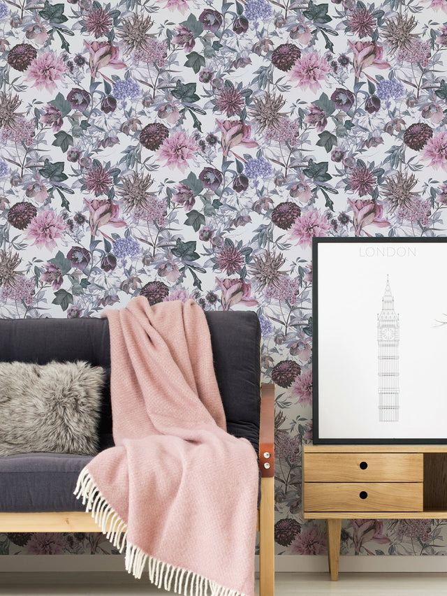 Althea Lavender Flower Garden Wallpaper with Bohemian Botanical Motif - AS Creation AS381752