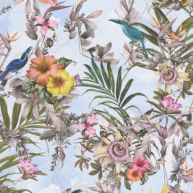 Hollis Sky Blue Tropical Wallpaper with Botanical Birds Motif, Bohemian Non Woven - AS Creation AS381784