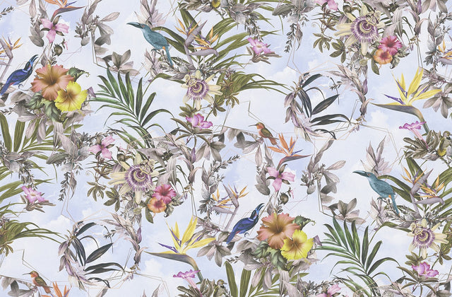 Hollis Sky Blue Tropical Wallpaper with Botanical Birds Motif, Bohemian Non Woven - AS Creation AS381784