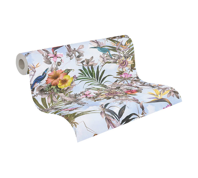 Hollis Sky Blue Tropical Wallpaper with Botanical Birds Motif, Bohemian Non Woven - AS Creation AS381784