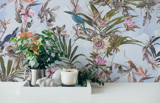 Hollis Sky Blue Tropical Wallpaper with Botanical Birds Motif, Bohemian Non Woven - AS Creation AS381784