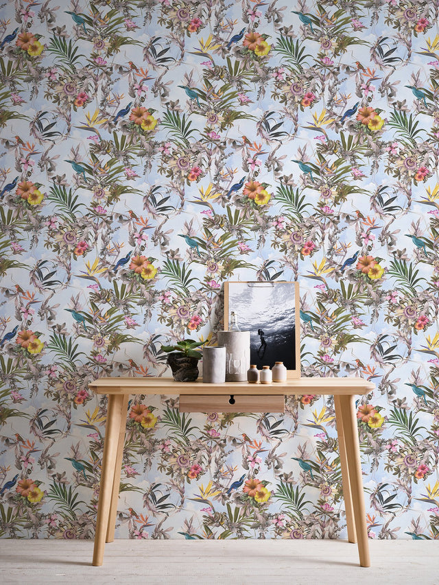 Hollis Sky Blue Tropical Wallpaper with Botanical Birds Motif, Bohemian Non Woven - AS Creation AS381784