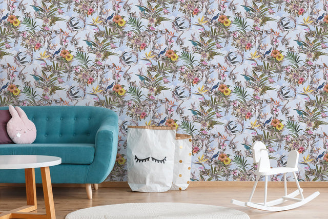 Hollis Sky Blue Tropical Wallpaper with Botanical Birds Motif, Bohemian Non Woven - AS Creation AS381784