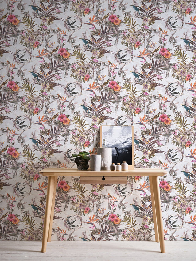 Hollis White Tropical Wallpaper with Botanical Birds Motif - AS Creation AS381787