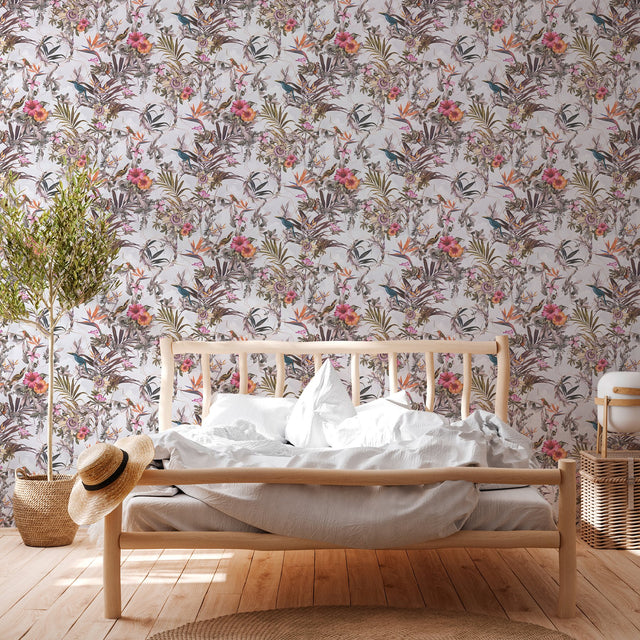 Hollis White Tropical Wallpaper with Botanical Birds Motif - AS Creation AS381787