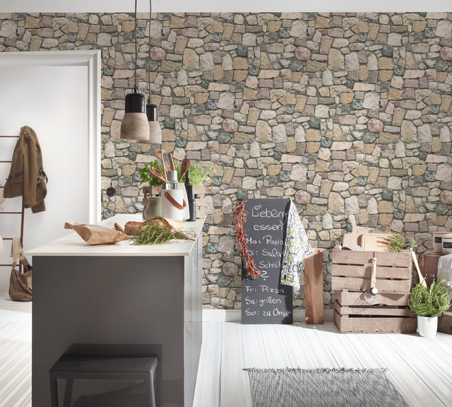 Morris Neutral Natural Stone Wallpaper with Rustic Stone Motif - AS Creation AS692412