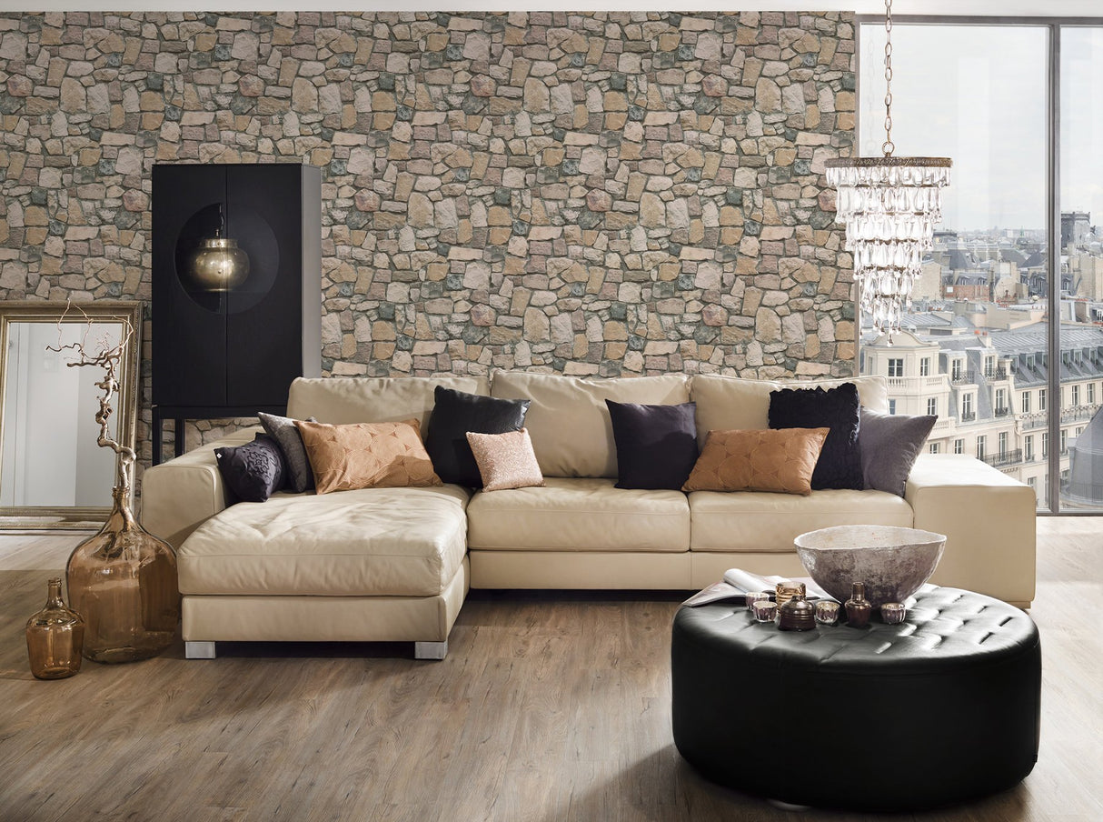 Morris Neutral Natural Stone Wallpaper with Rustic Stone Motif - AS Creation AS692412