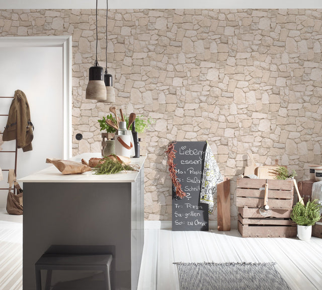 Morris Beige Natural Stone Wallpaper with Farmhouse Stone Look - AS Creation AS692429