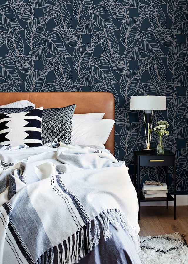 Kagan Blue Large Leaf Wallpaper