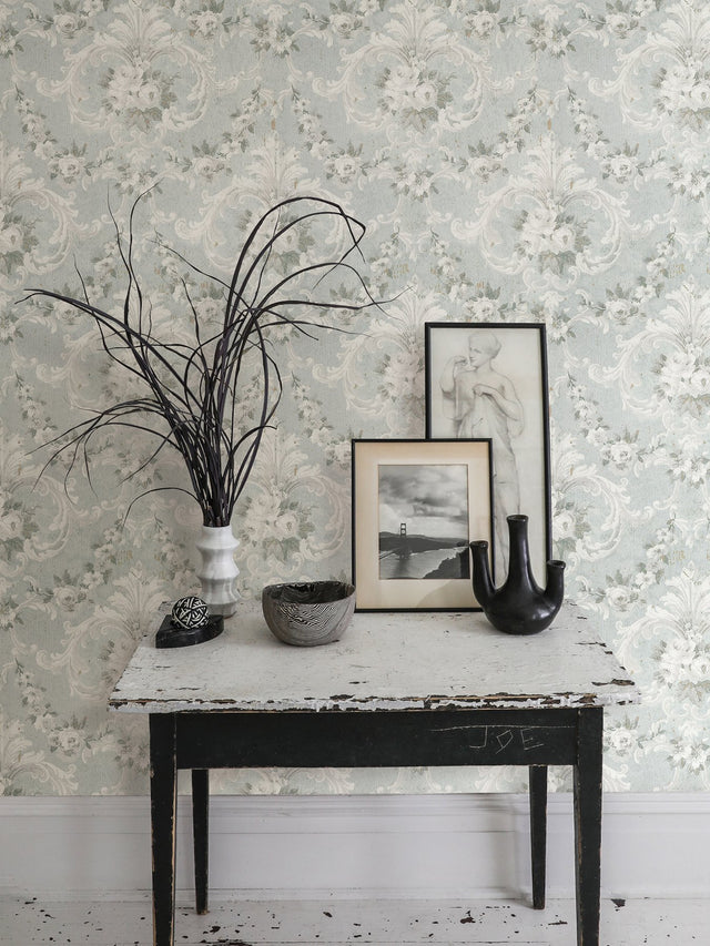 This Old Hudson Vintage Blue Rose Damask Wallpaper Vintage Blue with Botanical Damask - AST4066