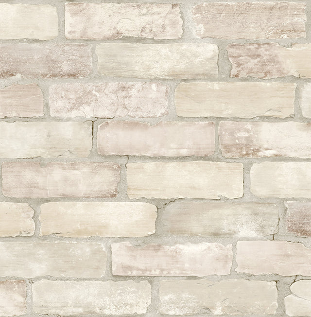 Limewashed Bone Weathered Brick Wallpaper with Farmhouse Brick Motif - A-Street Prints AST4076