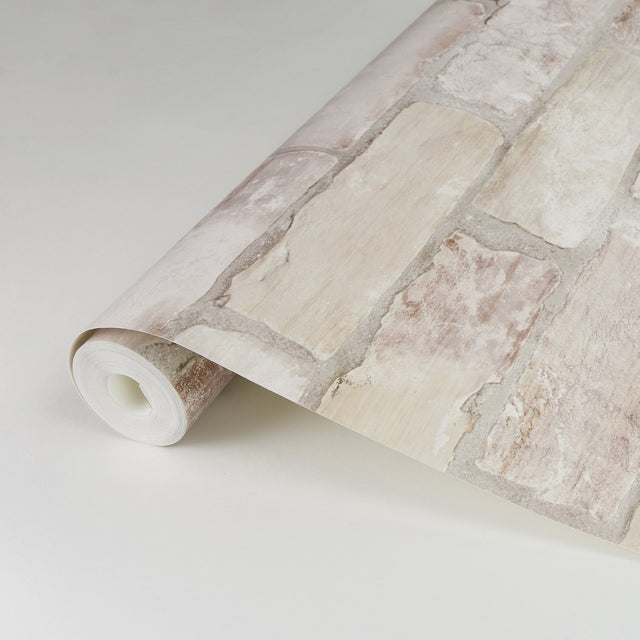 Limewashed Bone Weathered Brick Wallpaper with Farmhouse Brick Motif - A-Street Prints AST4076