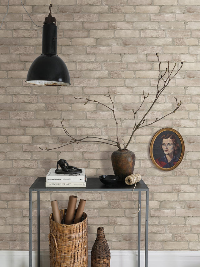 Limewashed Bone Weathered Brick Wallpaper with Farmhouse Brick Motif - A-Street Prints AST4076
