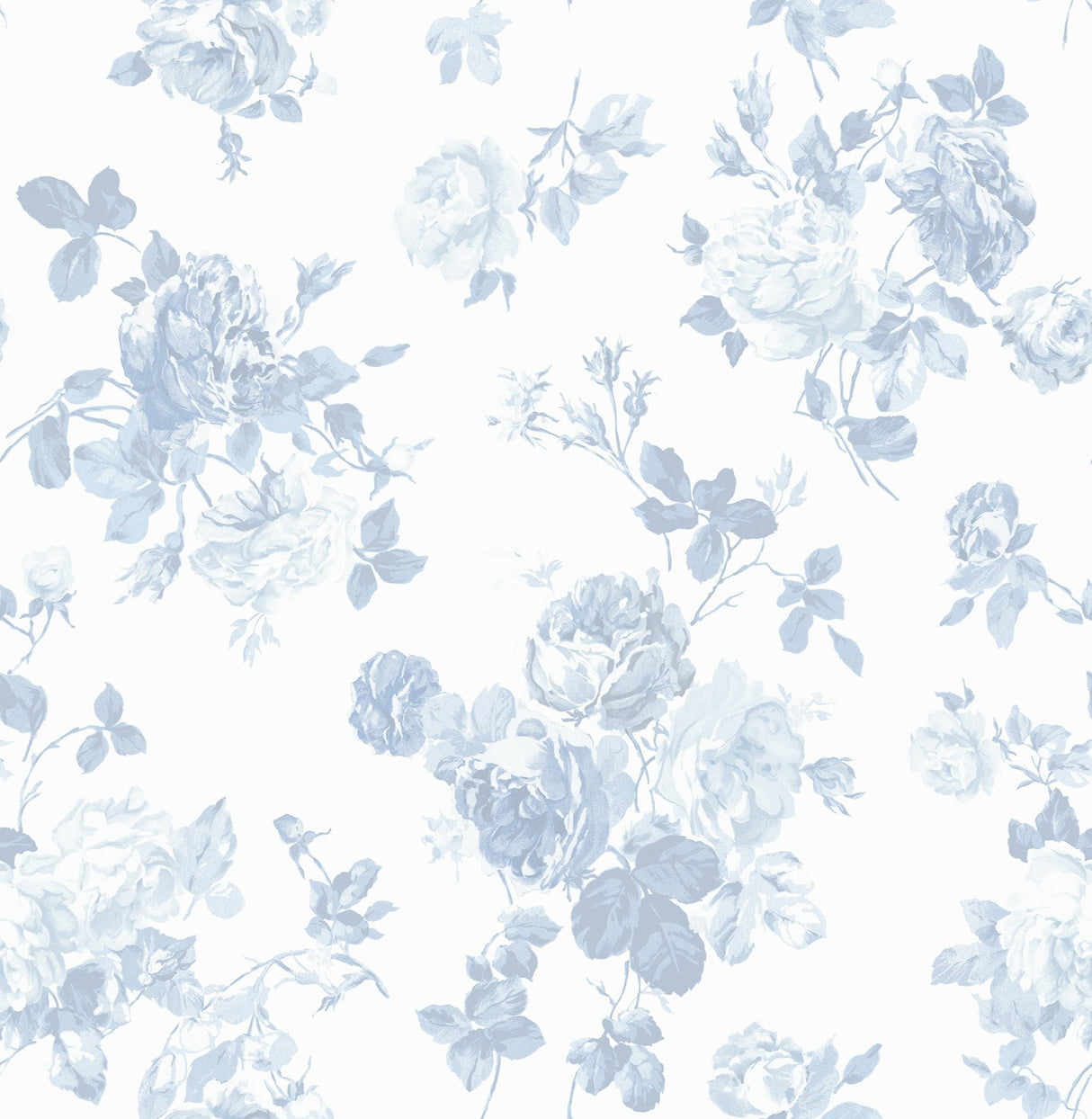 Everblooming Rosettes Dreamy Sky Cabbage Rose Bouquets Wallpaper with Botanical Floral Motif - Brewster AST4102