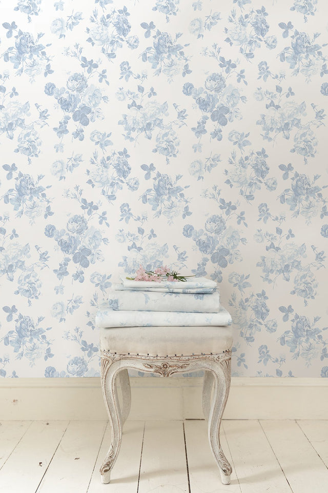 Everblooming Rosettes Dreamy Sky Cabbage Rose Bouquets Wallpaper with Botanical Floral Motif - Brewster AST4102