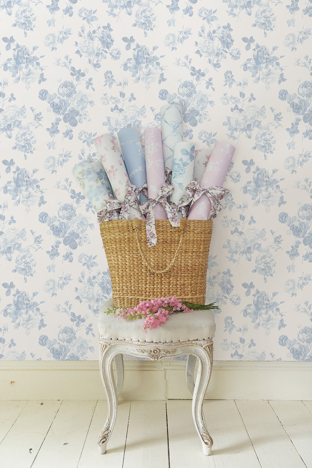 Everblooming Rosettes Dreamy Sky Cabbage Rose Bouquets Wallpaper with Botanical Floral Motif - Brewster AST4102