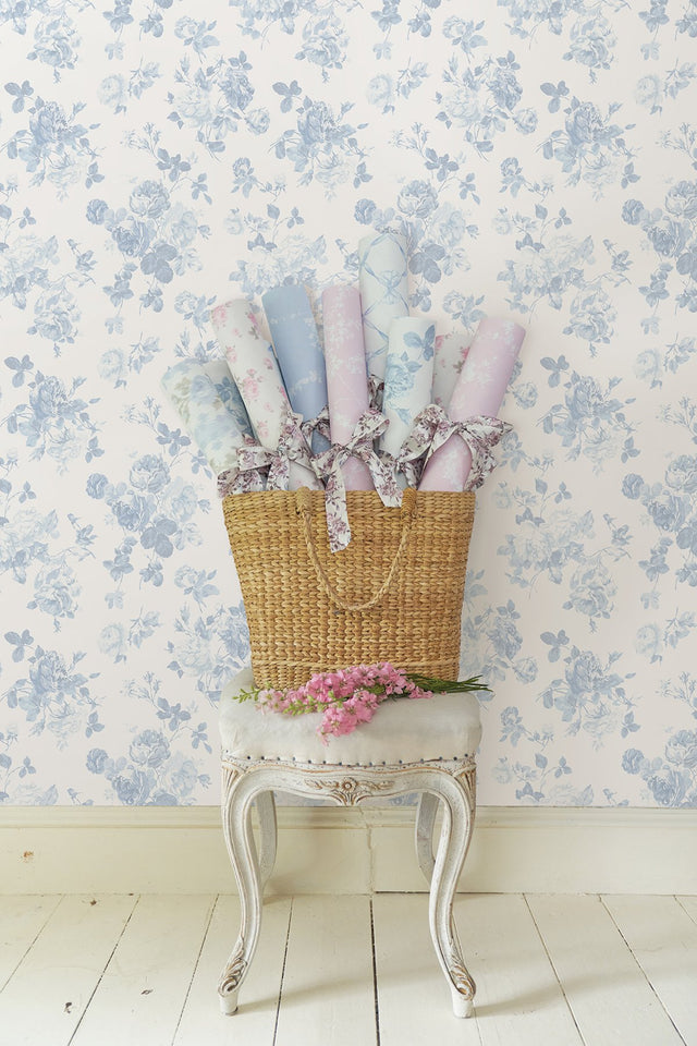 Everblooming Rosettes Dreamy Sky Cabbage Rose Bouquets Wallpaper with Botanical Floral Motif - Brewster AST4102