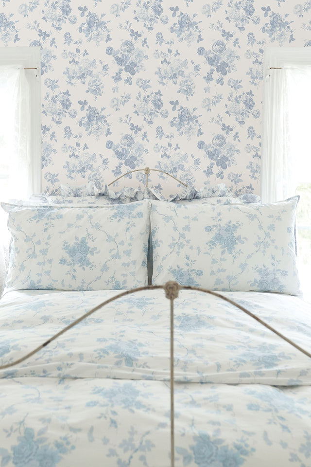 Everblooming Rosettes Dreamy Sky Cabbage Rose Bouquets Wallpaper with Botanical Floral Motif - Brewster AST4102