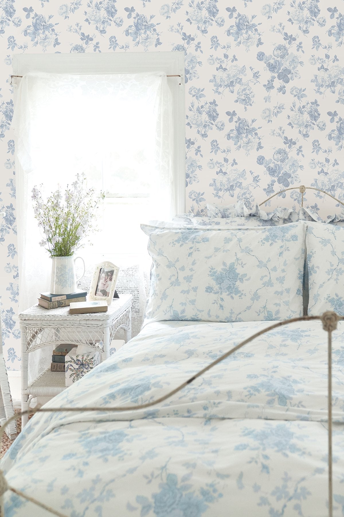 Everblooming Rosettes Dreamy Sky Cabbage Rose Bouquets Wallpaper with Botanical Floral Motif - Brewster AST4102