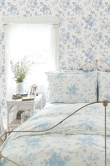 Everblooming Rosettes Dreamy Sky Cabbage Rose Bouquets Wallpaper with Botanical Floral Motif - Brewster AST4102