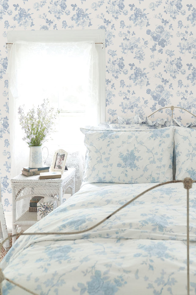 Everblooming Rosettes Dreamy Sky Cabbage Rose Bouquets Wallpaper with Botanical Floral Motif - Brewster AST4102