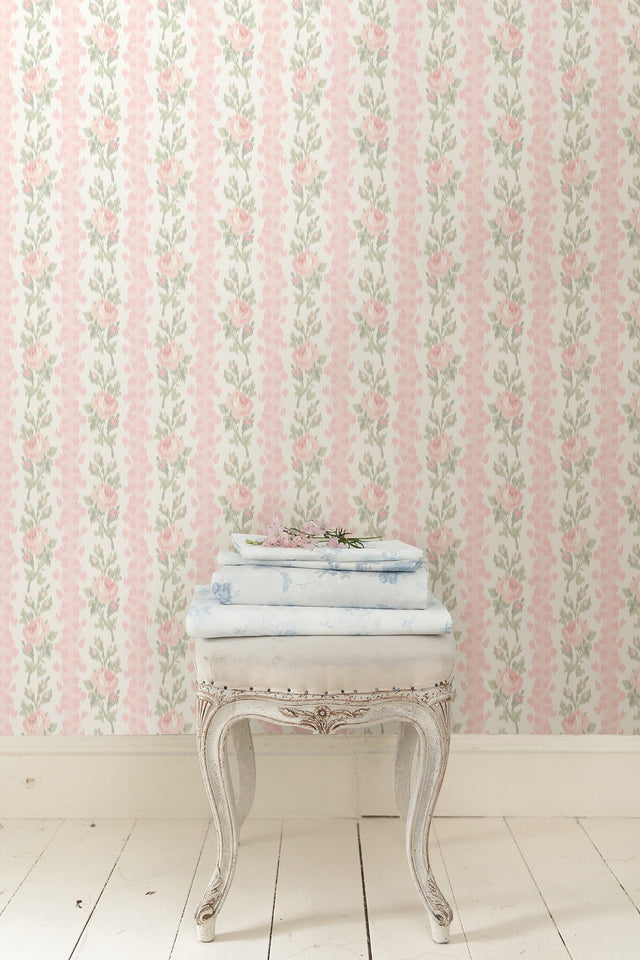 Blooming Heirloom Marie Pink Rose Stripe Wallpaper with Whimsical Floral Stripe Pattern - A-Street Prints AST4105
